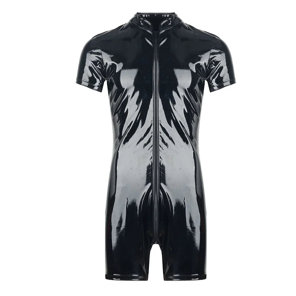 Black glossy PVC short-sleeve romper bodysuit with a front zipper and stand collar