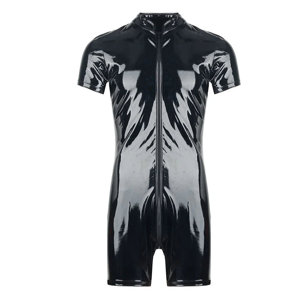 Black glossy PVC short-sleeve romper bodysuit with a front zipper and stand collar