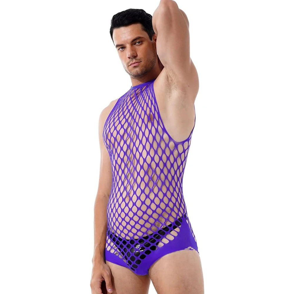Purple fishnet bodysuit with solid briefs, modeled against a white background