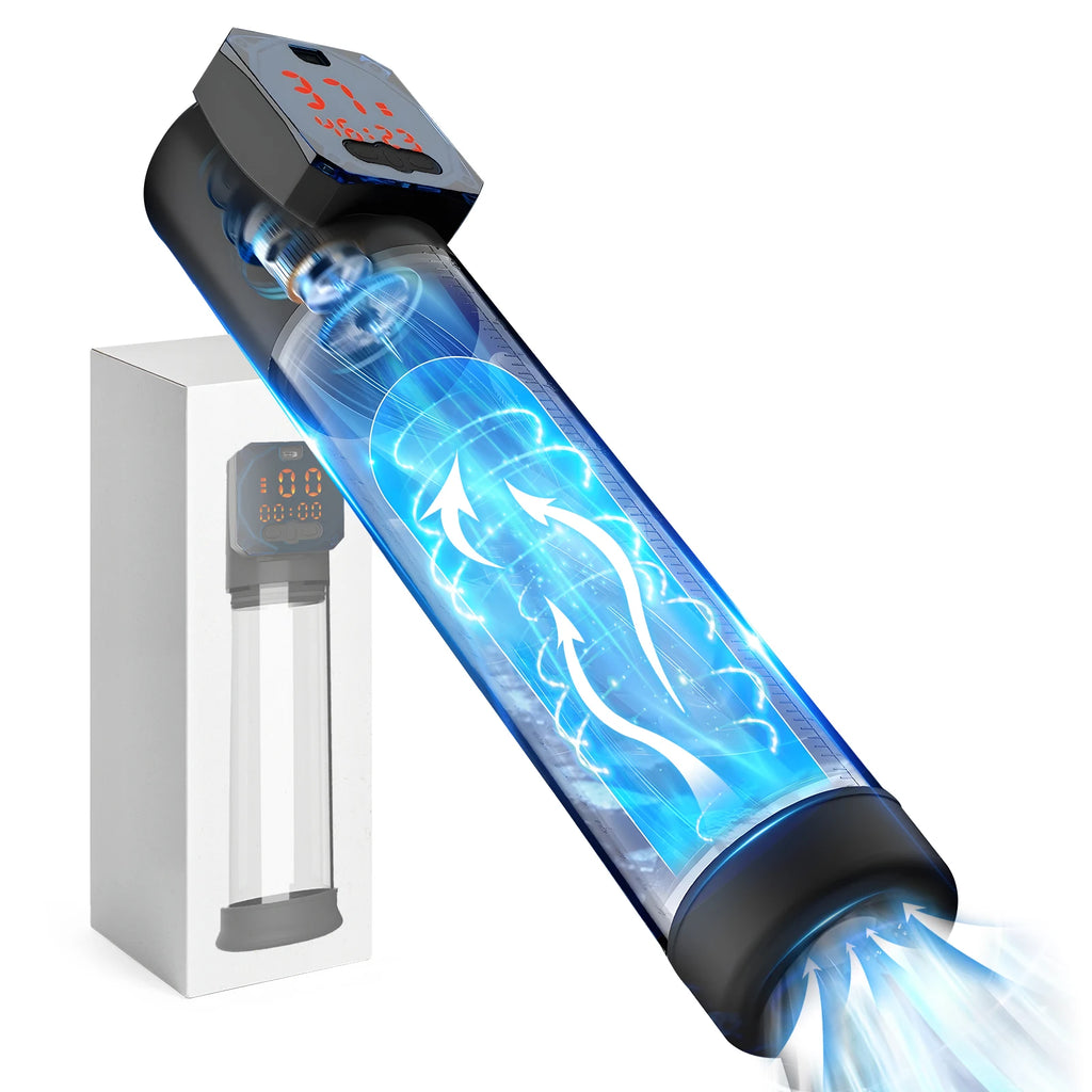 Angled close-up of a blue transparent vacuum erection device with digital controls and measurement marks