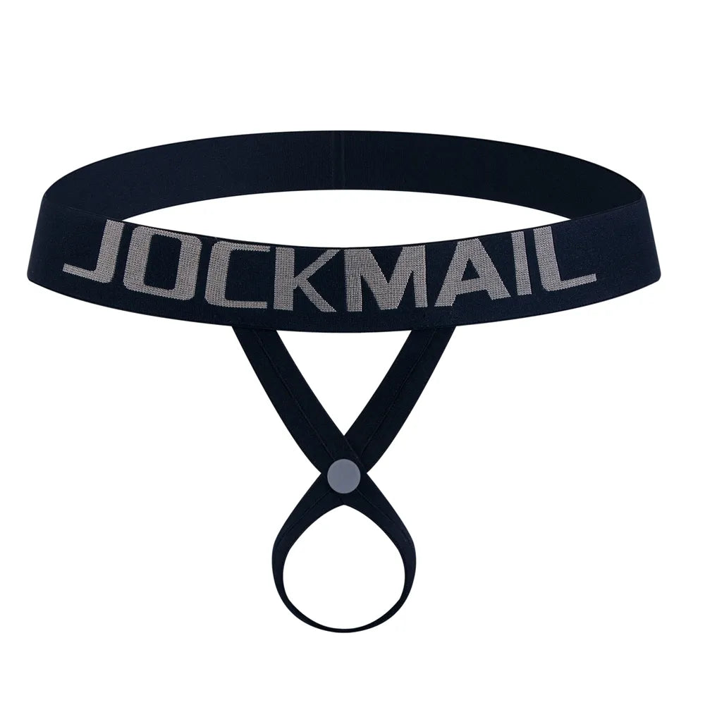 Front-facing black jockstrap thong with a ring detail and gray JOCKMAIL waistband lettering