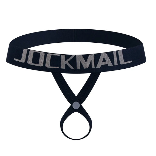Front-facing black jockstrap thong with a ring detail and gray JOCKMAIL waistband lettering