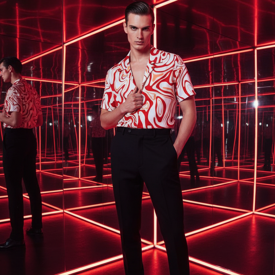 Model wearing a red-and-white abstract swirl print short-sleeve shirt in a red mirrored room