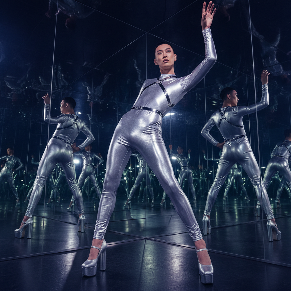 Model wearing a metallic silver long-sleeve bodysuit with black harness straps in a mirrored room