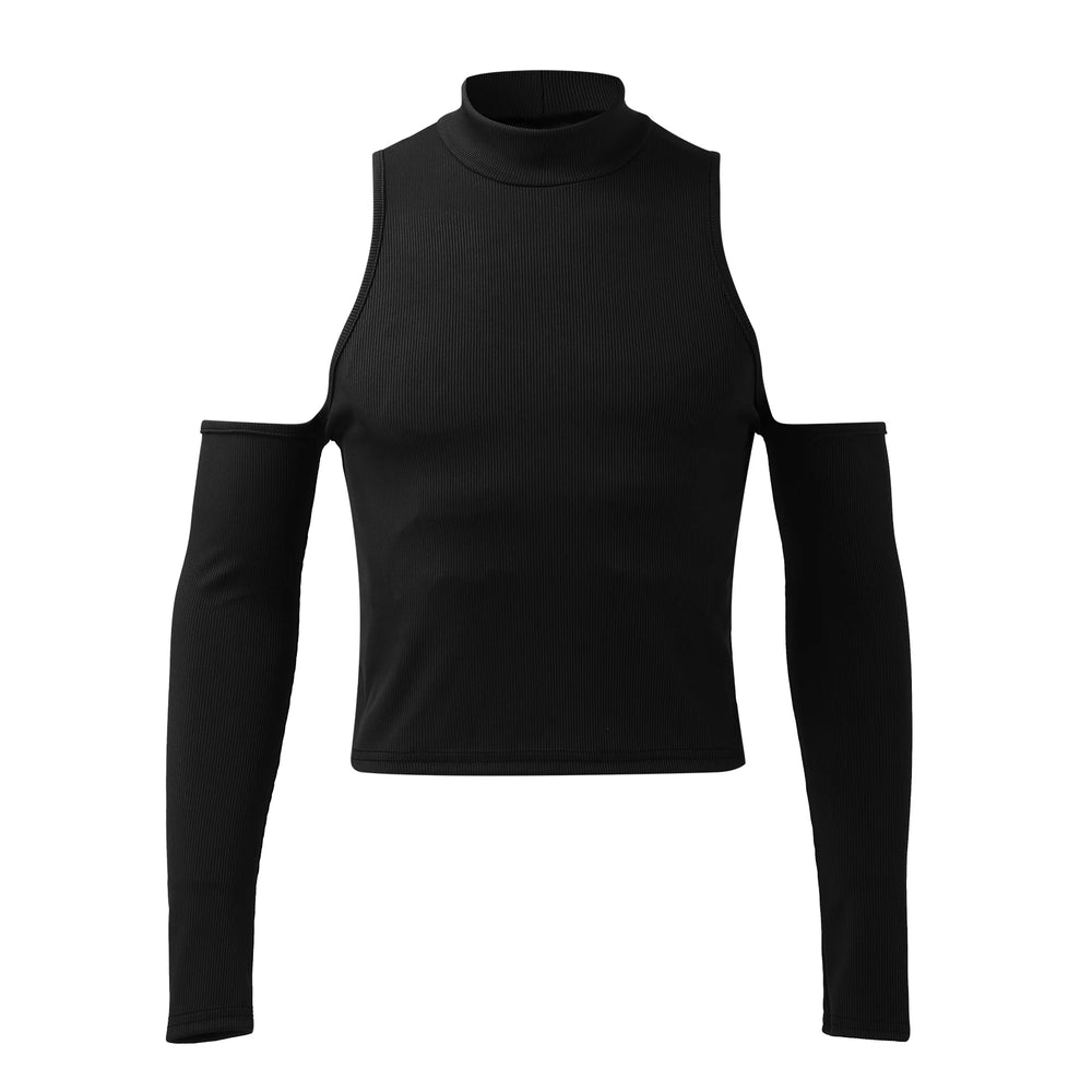Front view of a black ribbed sleeveless top with a mock neck and shoulder cutouts