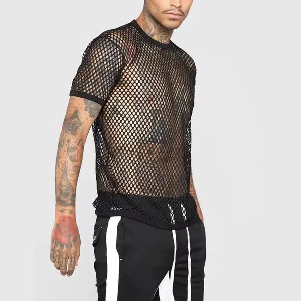 Black fishnet mesh T-shirt with short sleeves worn over a bare torso