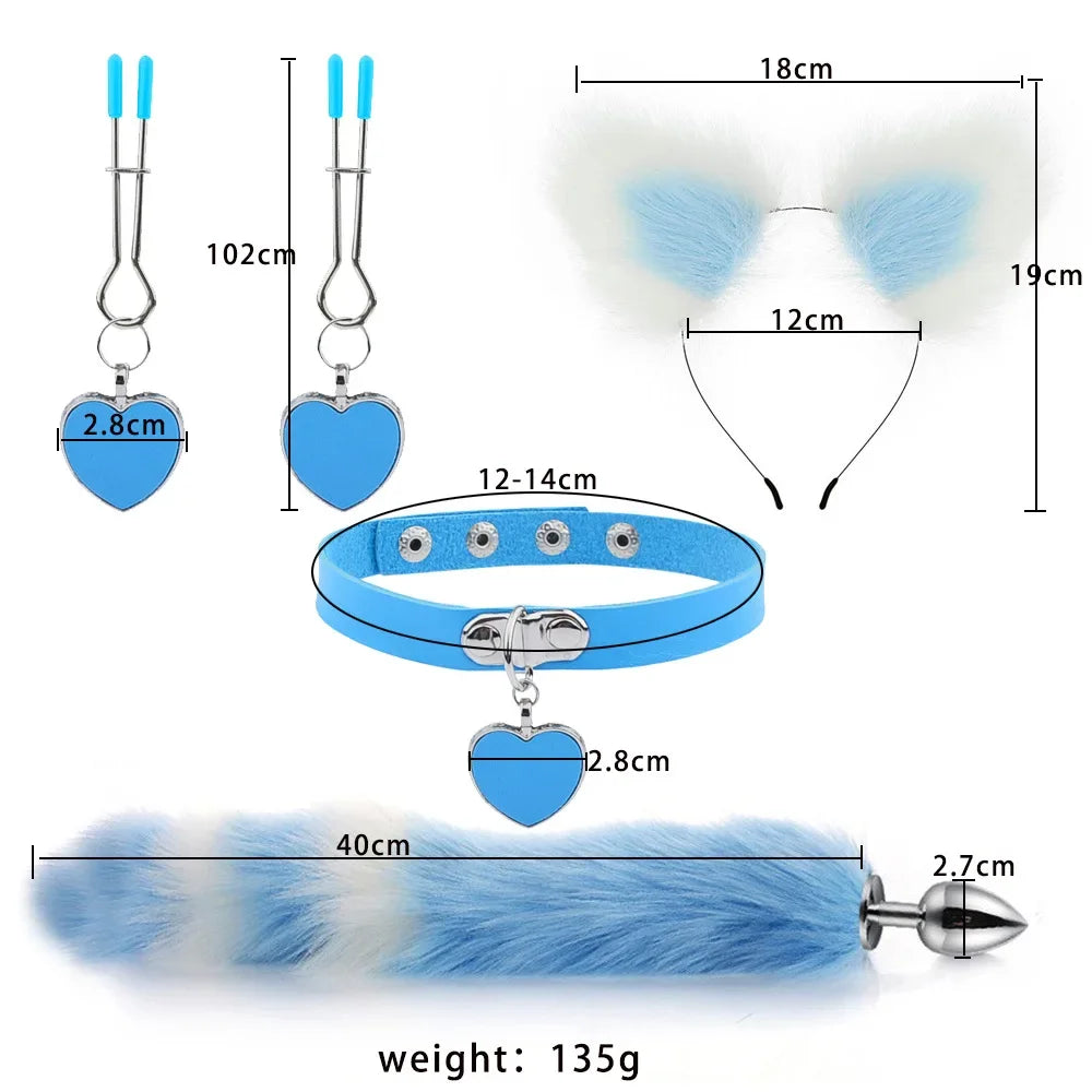 Cat-tail butt plug set with blue faux-fur tail, heart-charm collar, and matching cat ears