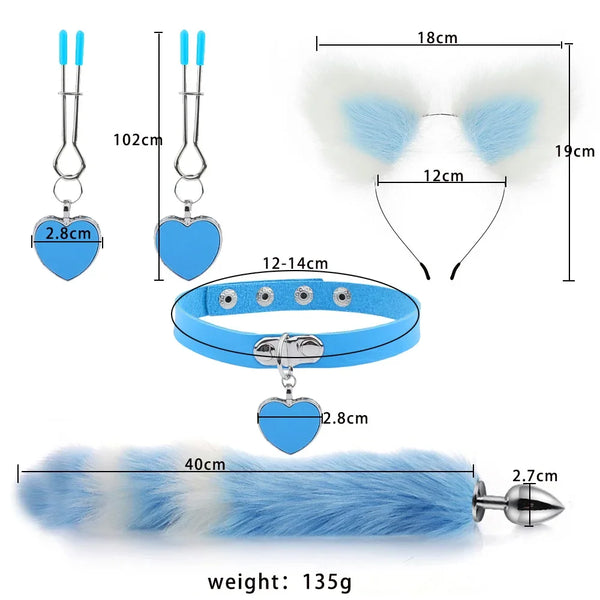 Cat-tail butt plug set with blue faux-fur tail, heart-charm collar, and matching cat ears