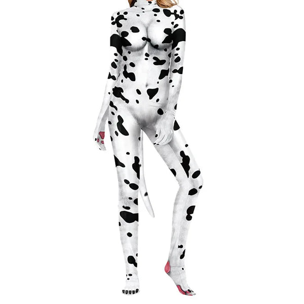 Front three-quarter view of a person in a white, black-spotted full-body suit with a tail