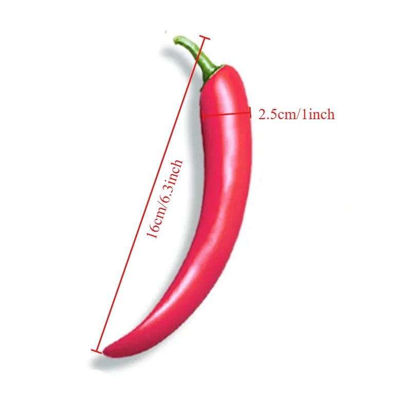 Red chili-shaped vibrator measuring 16 cm long and 2.5 cm wide