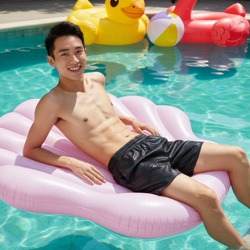 Smiling person reclines on a pink pool float wearing shimmering black shorts
