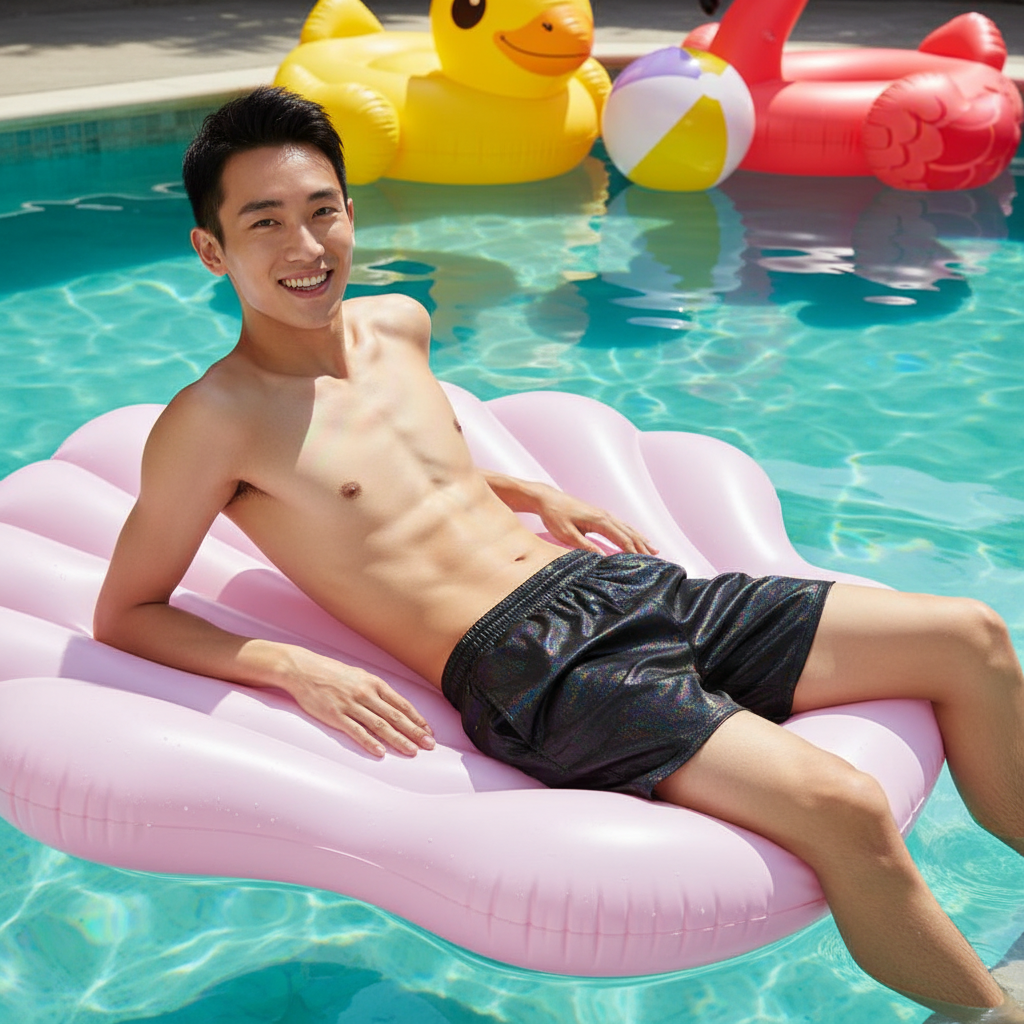 Smiling person reclines on a pink pool float wearing shimmering black shorts