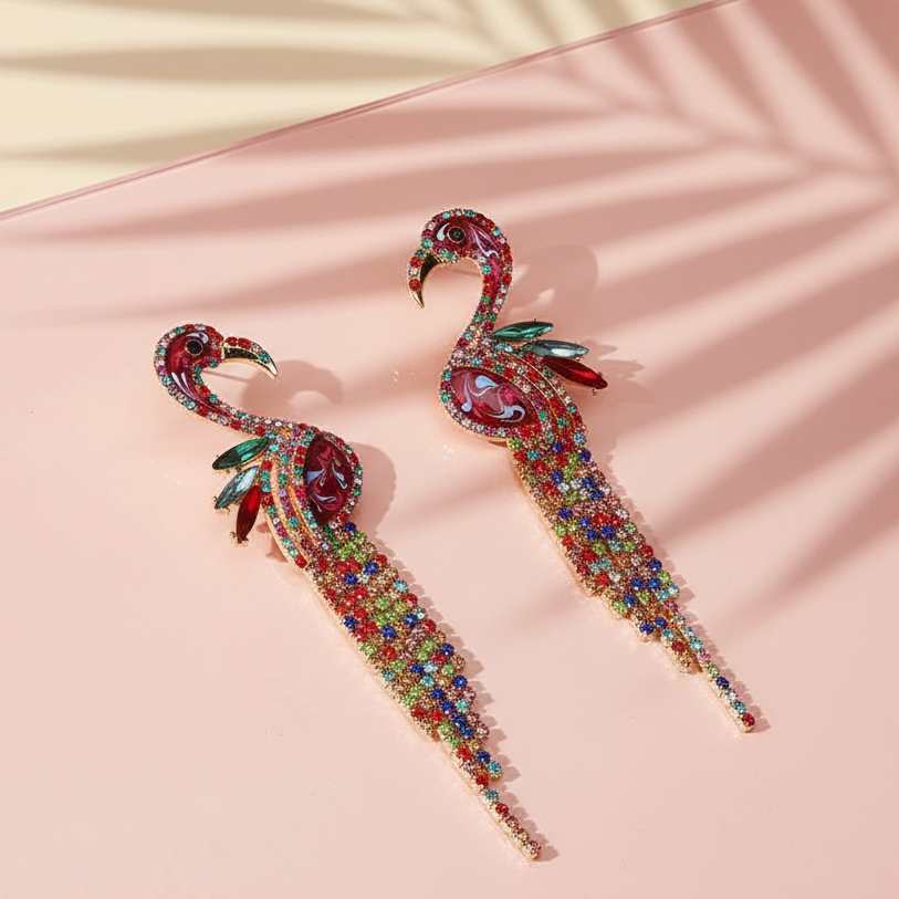 Multicolor rhinestone flamingo dangle earrings with long beaded tails