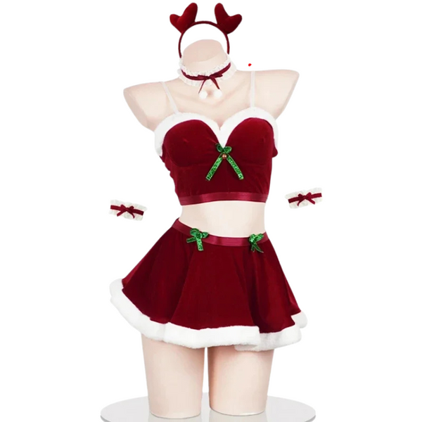 Front-view red velvet Santa-style crop top and flared skirt costume with antler headband