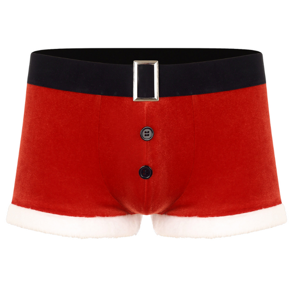 Front view of red Santa-style open-crotch underwear with white trim, black waistband and buckle