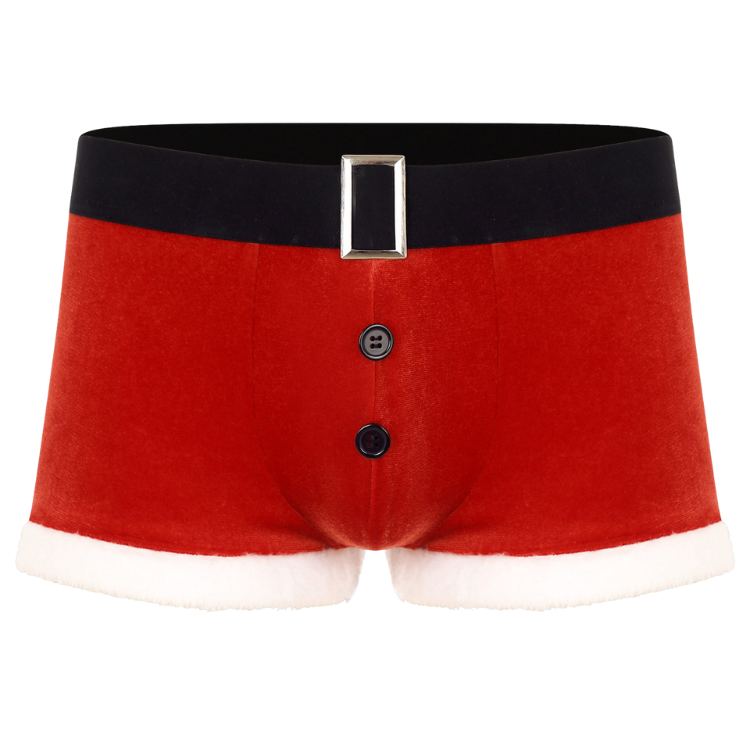Front view of red Santa-style open-crotch underwear with white trim, black waistband and buckle