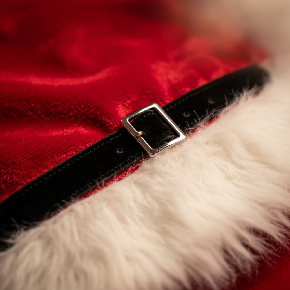 Close-up of a black belt with a silver buckle over red velvet and white faux fur