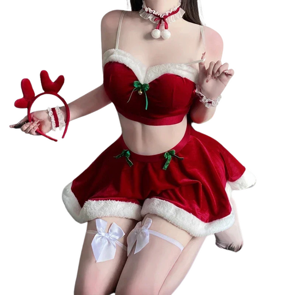 Cropped model in a red Santa-style bra top, skirt, choker, and white thigh bows