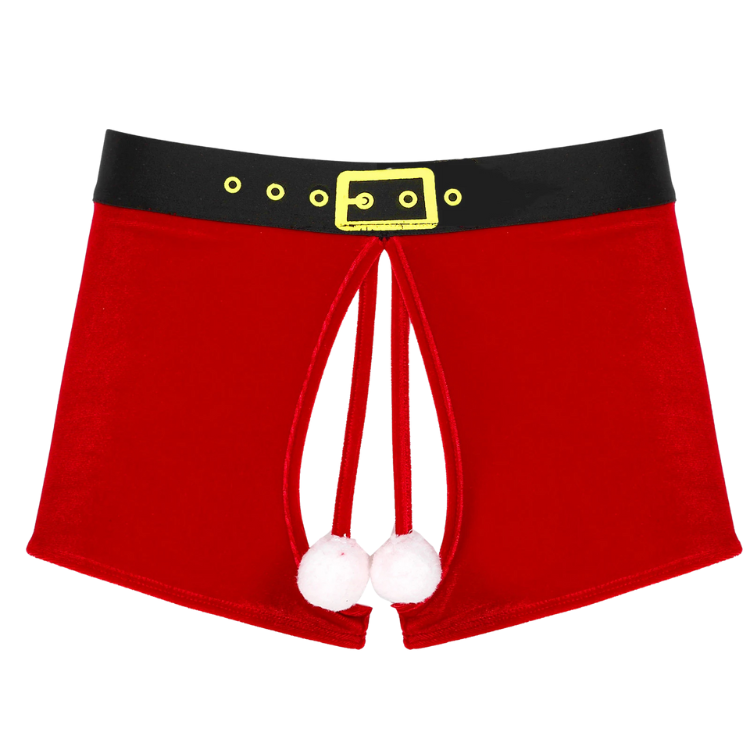 Front view of red open-crotch boxer briefs with a Santa belt and white pom-poms
