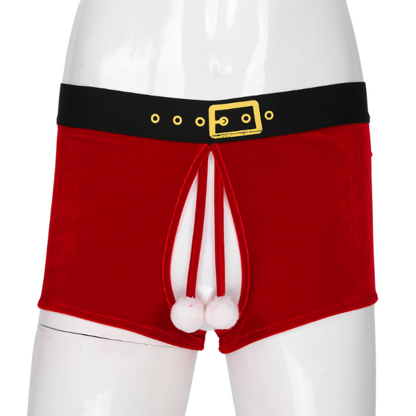Front view of red open-crotch boxer briefs with a black belt waistband and white pom-poms