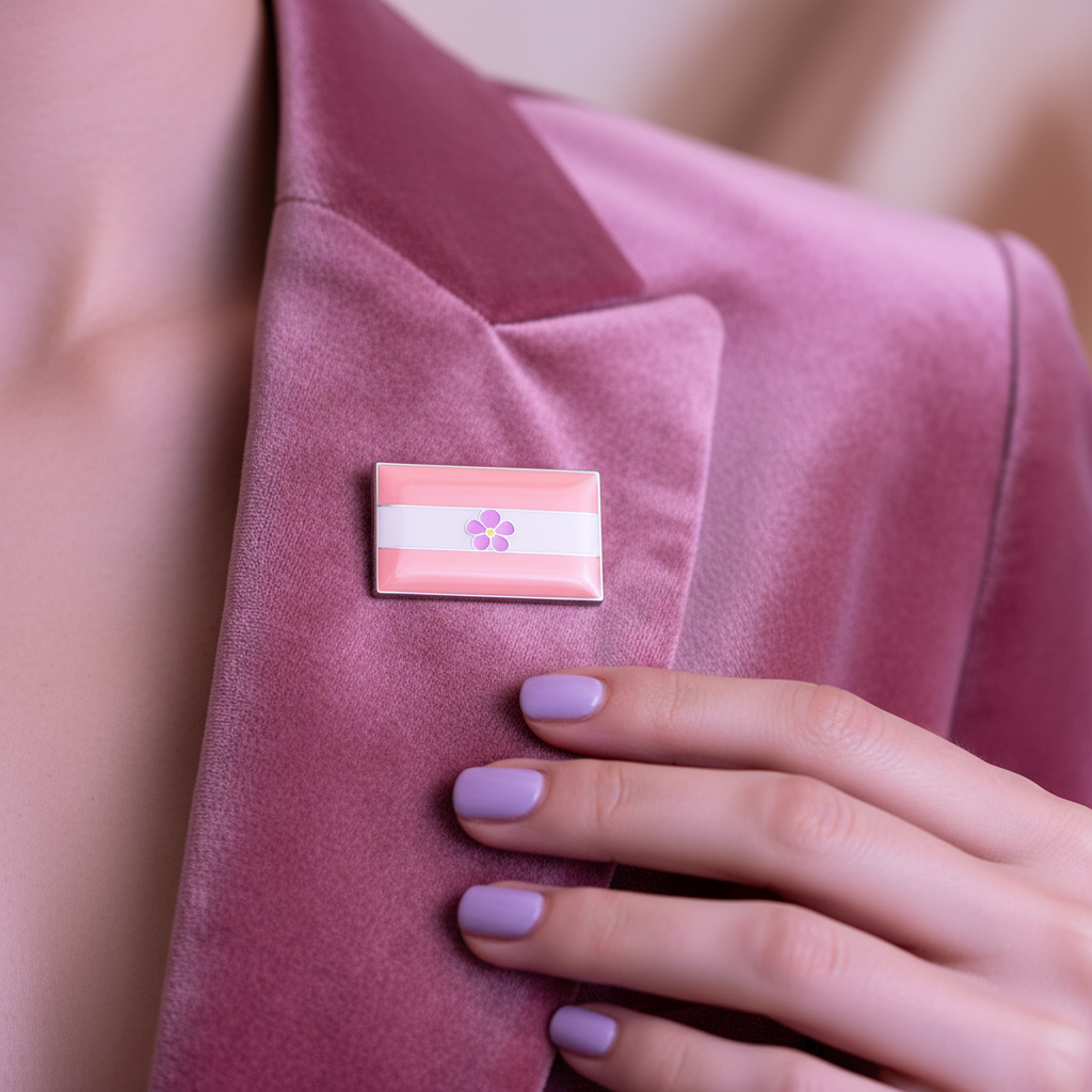 Rectangular pink-and-white striped enamel pin with a purple flower on a pink blazer