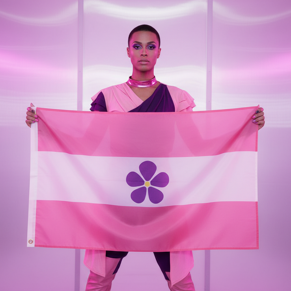 Person holding a pink-and-white flag with a purple five-petal flower emblem