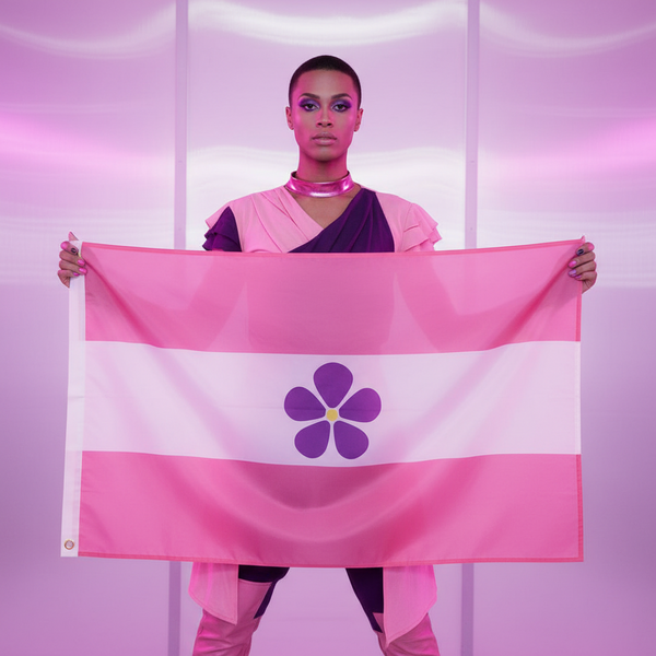 Person holding a pink-and-white flag with a purple five-petal flower emblem