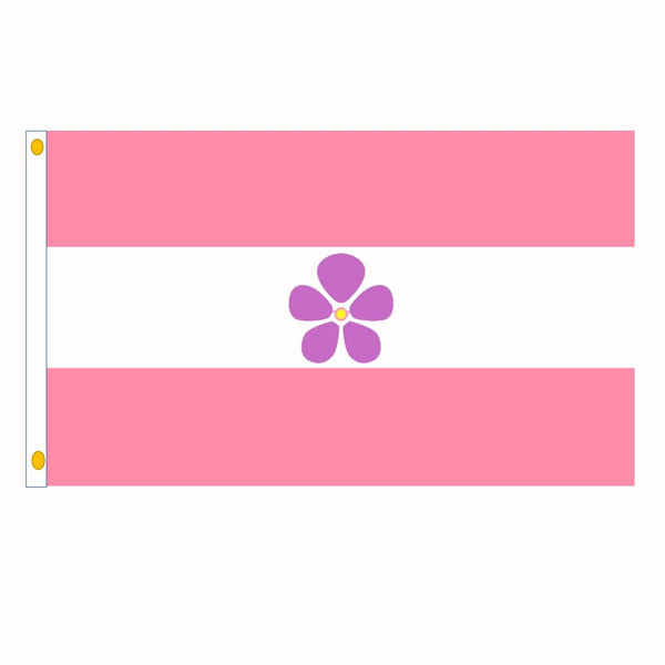Sapphic pride flag with pink and white stripes and a purple flower emblem