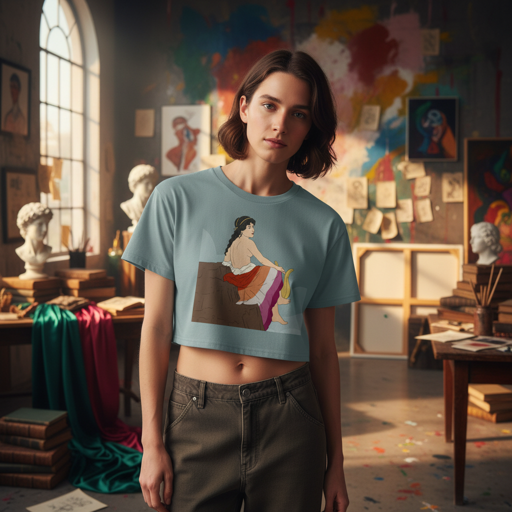 Sappho Of Lesbos Crop Top with a print of a seated person in classical dress