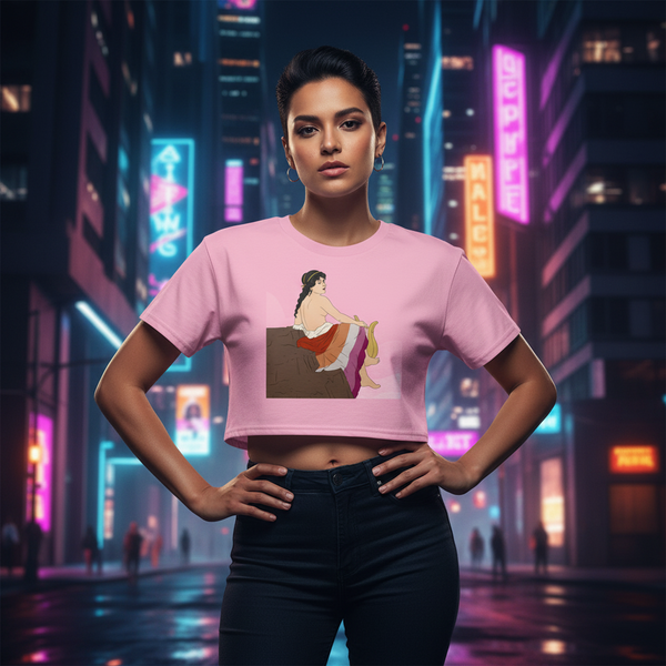 Sappho Of Lesbos crop top, ultra-soft and queer, glows under neon city lights as a short-haired person rocks it confidently