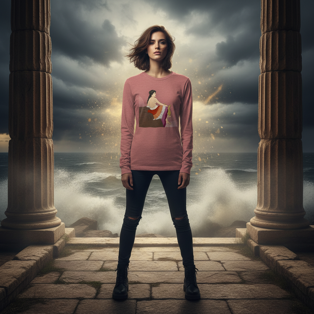 Sappho Of Lesbos Unisex Long Sleeve T-Shirt in golden sunlight, worn by a person between ancient sea-facing columns