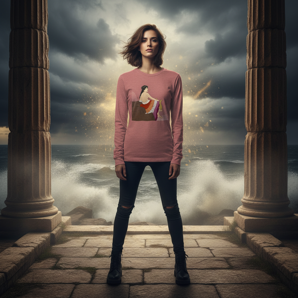 Sappho Of Lesbos Unisex Long Sleeve T-Shirt in golden sunlight, worn by a person between ancient sea-facing columns