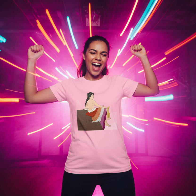 Sappho of Lesbos Unisex T-Shirt with an illustrated seated person, worn by a joyful femme