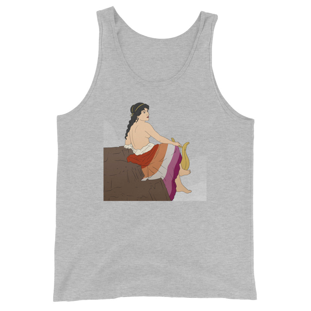 Unisex gray tank top with an ancient-style illustration: a person in a lesbian pride flag dress sits holding a lyre