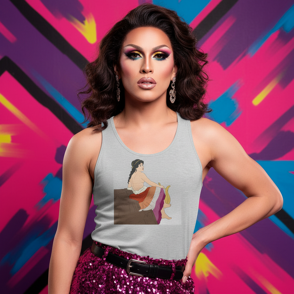 Sappho Of Lesbos Unisex Tank Top with bold dark hair, glam makeup, sparkling earrings