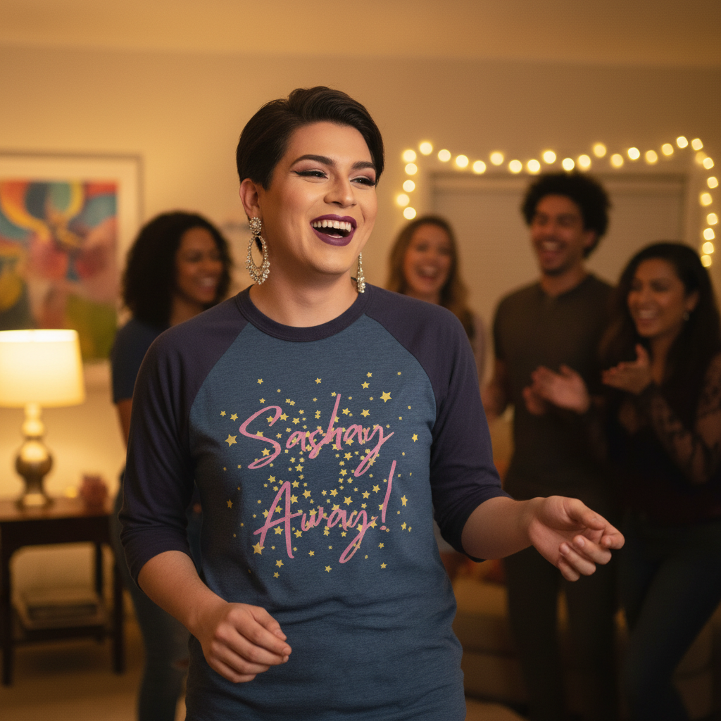Sashay Away 3/4 sleeve raglan shirt on a short-haired, bold-makeup friend beaming at a queer party