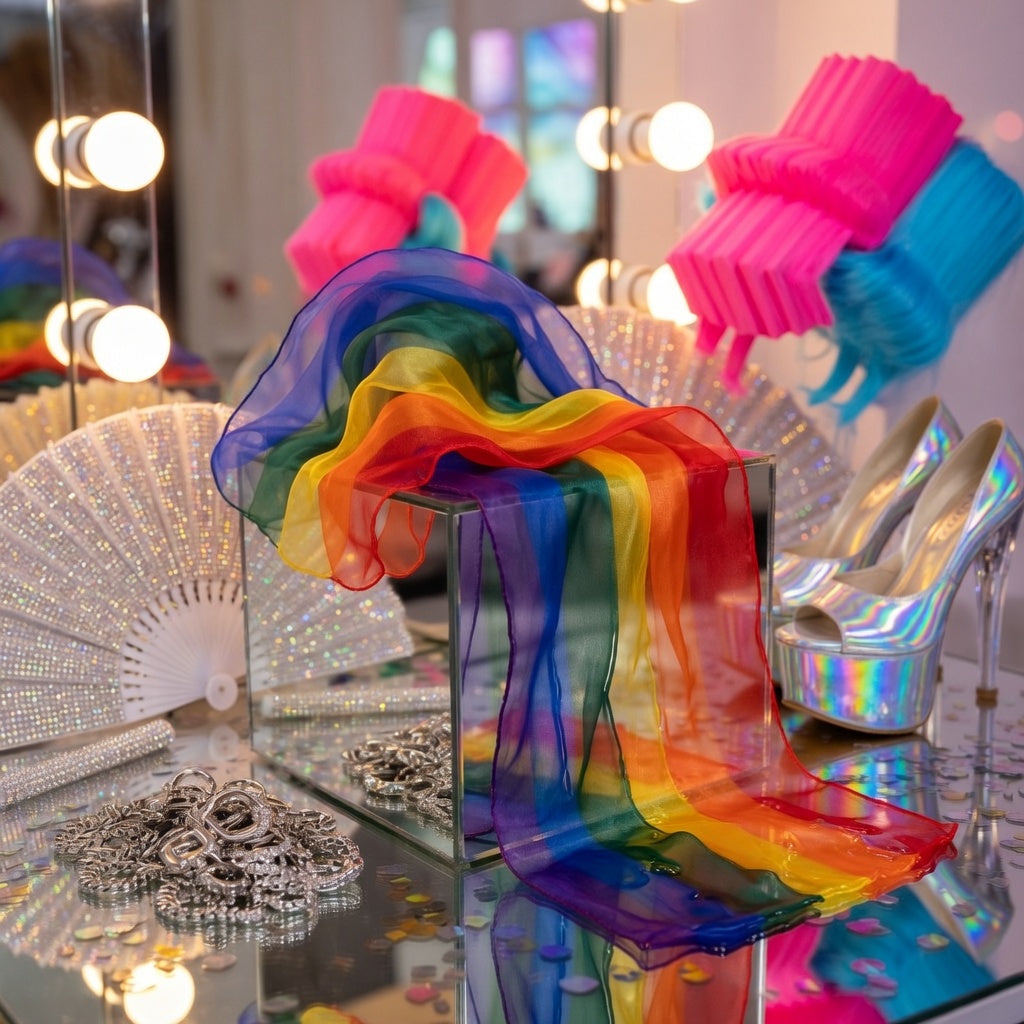 Rainbow chiffon scarf draped over a clear stand in a colorful vanity scene