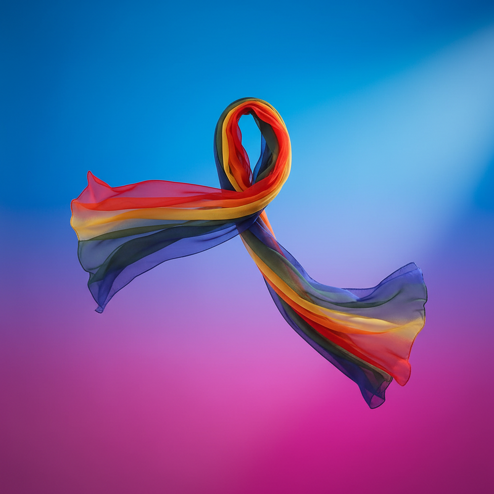 Rainbow chiffon scarf looped and flowing against a blue-to-pink gradient background
