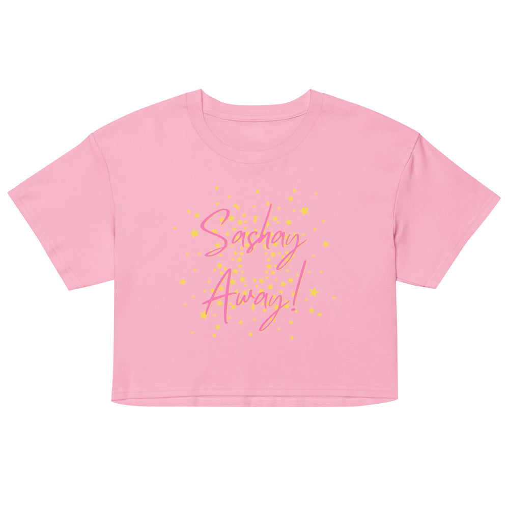 Front view of a pink cropped T-shirt with yellow stars and “Sashay Away!” lettering