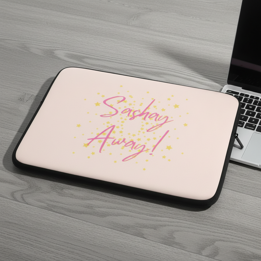 Laptop sleeve made of pink neoprene with black trim, “Sashay Away!” in pink cursive, yellow stars; fab for Pride