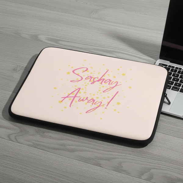 Laptop sleeve made of pink neoprene with black trim, “Sashay Away!” in pink cursive, yellow stars; fab for Pride