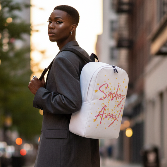Sashay Away Minimalist Backpack with “Sashay Away!” in pink script and gold stars