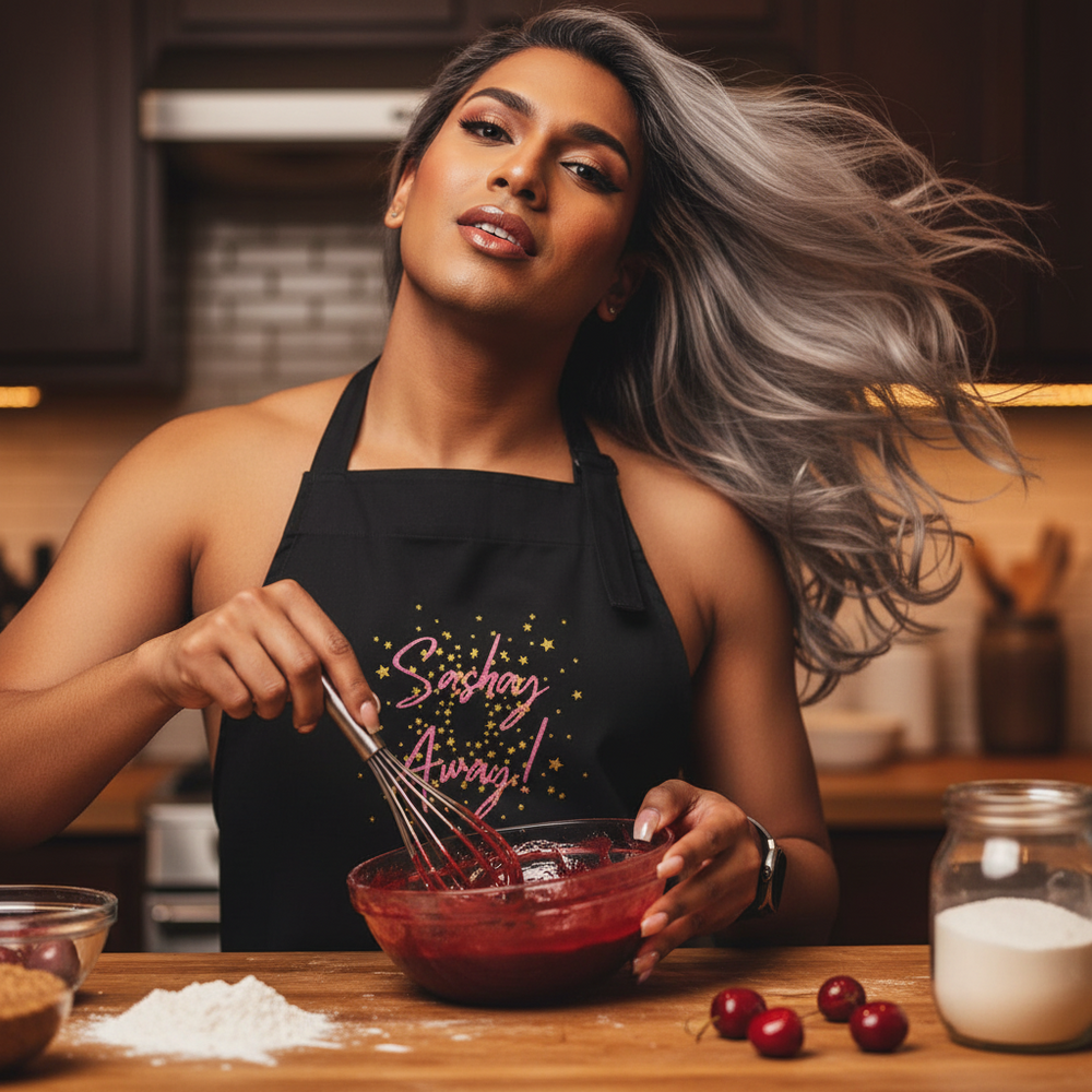 Model whisking red batter while wearing a black apron reading “Sashay Away”
