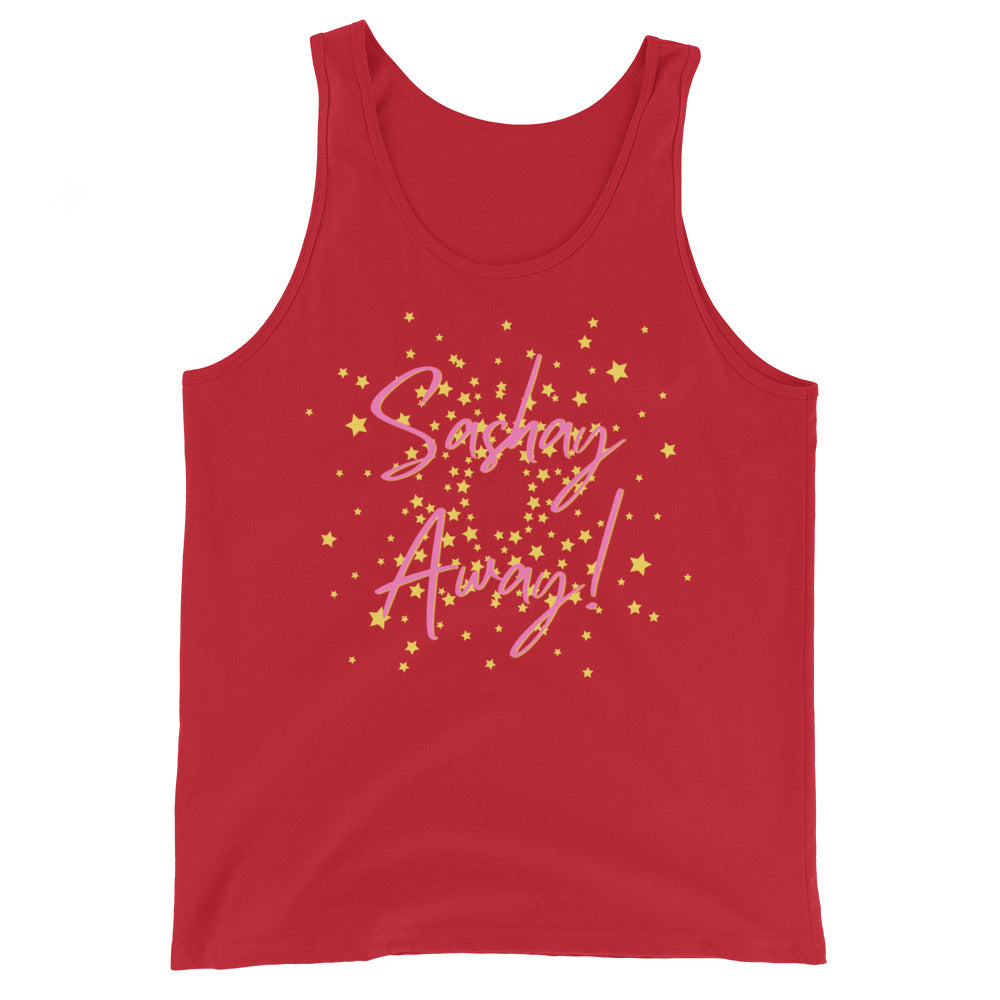 Front view of a red tank top reading “Sashay Away” among yellow stars