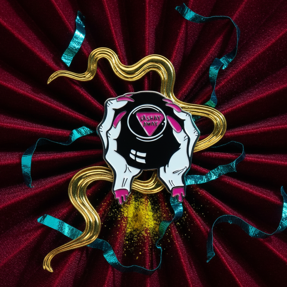 Enamel pin showing a black cartoon figure with white arms and a pink “Sashay Away” badge