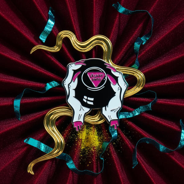 Enamel pin showing a black cartoon figure with white arms and a pink “Sashay Away” badge