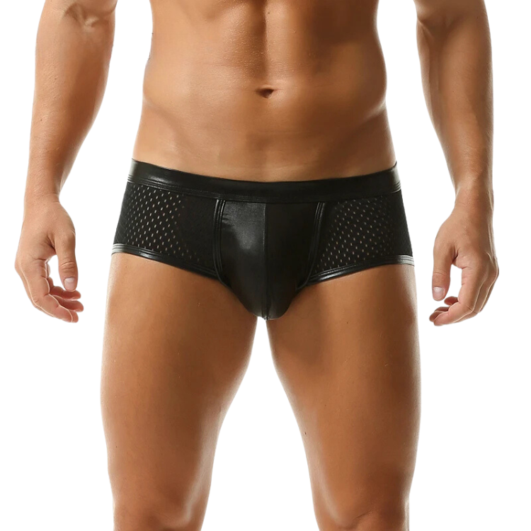 Front-view model wearing black shiny boxer briefs with mesh side panels