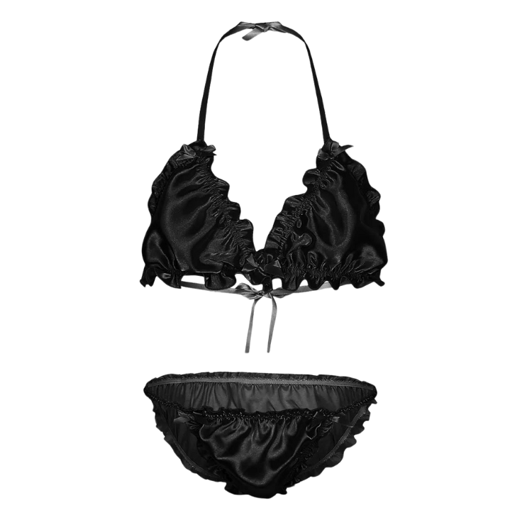 Black satin lingerie set with ruffled halter bralette and matching briefs on white
