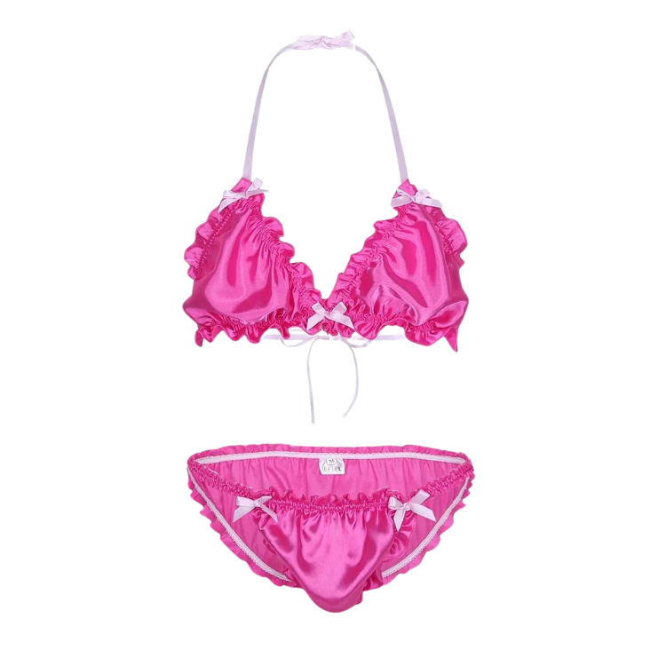 Flat lay of a hot-pink satin ruffled bra and matching bikini briefs with bows