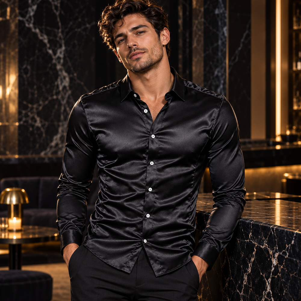 Satin Semi-Formal Shirt — Black worn by a model.